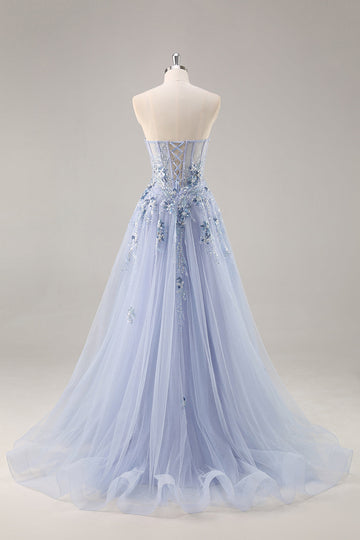 Sparkly Blue A Line Sequined Tulle Corset Long Formal Dress with Slit